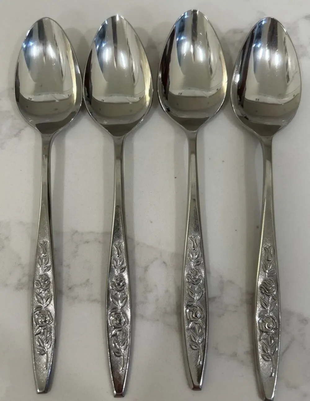 Eldan ELD18 Set Of 4 Teaspoons MAY ROSE Textured Roses Stainless Vintage MCM